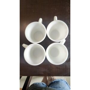 Four (4) Pyrex Mugs White Milk Glass Burgundy Rose D Handle 1410 USA Vintage EUC